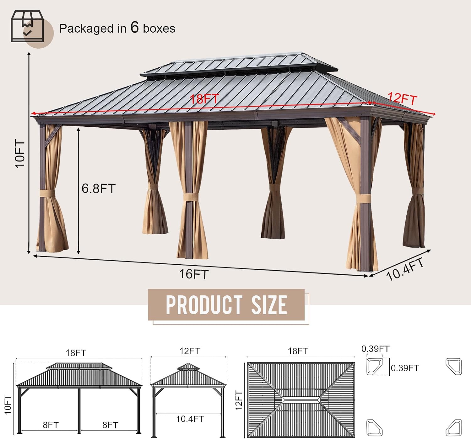 12'x18' Hardtop Gazebo with Netting and Curtains, Outdoor Aluminum Frame Pergola, Heavy Duty Metal Double Roof of Galvanized Steel Pavilion for Patio, Backyard, Deck, Lawns