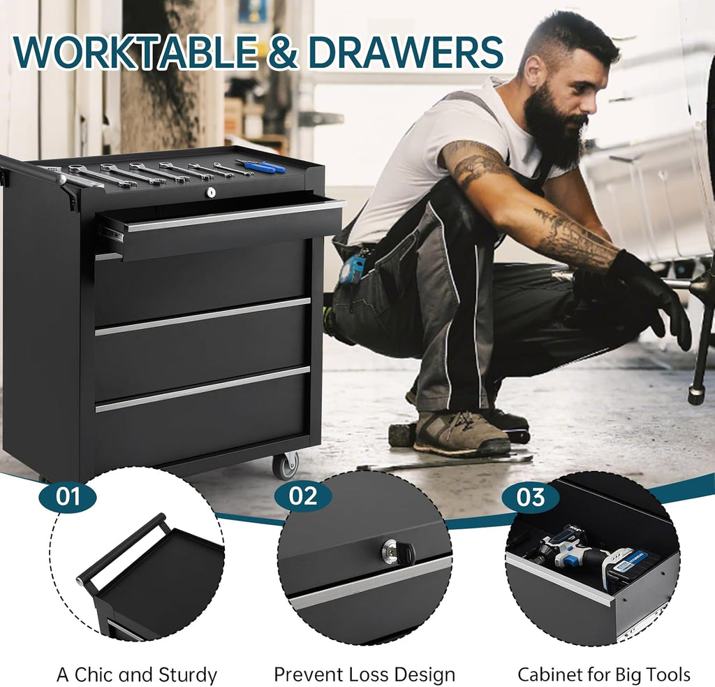 24' Rolling Tool Chest, 4-Drawer Tool Box, Wheels Lockable Tool Cabinet Organizer, Portable Tool Cabinet Organizer with Locking System & Drawer Liners, Tool Storage Cart for Garage, Workshop