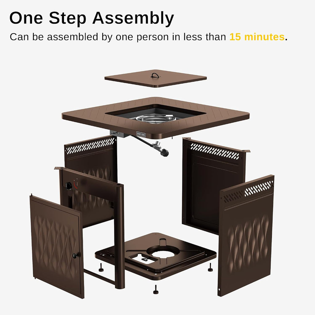 EAST OAK 32'' Propane Fire Pit Table, 50,000 BTU Steel Gas FirePit for Outdoor, Outside Patio Deck and Garden, CSA Certified Fire Table with Magnetic Lid, Cover-Storage Basket and Lava Rock, Brown