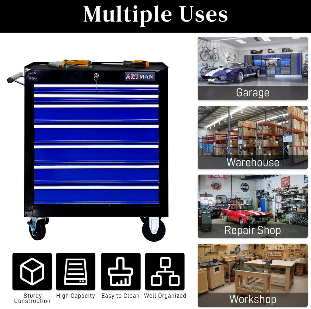 Rolling Tool Chest with 7-Drawer Tool Box with Wheels Multifunctional Tool Cart Mechanic Tool Storage Cabinet for Garage, Warehouse, Workshop, Repair Shop (Black & Blue)