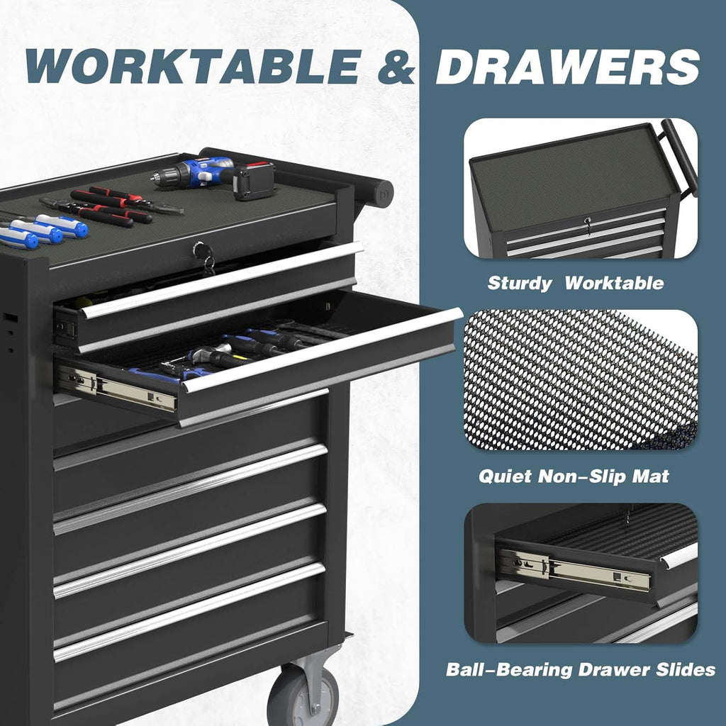 7-Drawer Tool Chest, Rolling Tool Box with Wheels, High Capacity Detachable Mobile Tool Storage Cabinet for Workshop, Garage, Mechanics and Repair Room (Black, 7-Drawer)