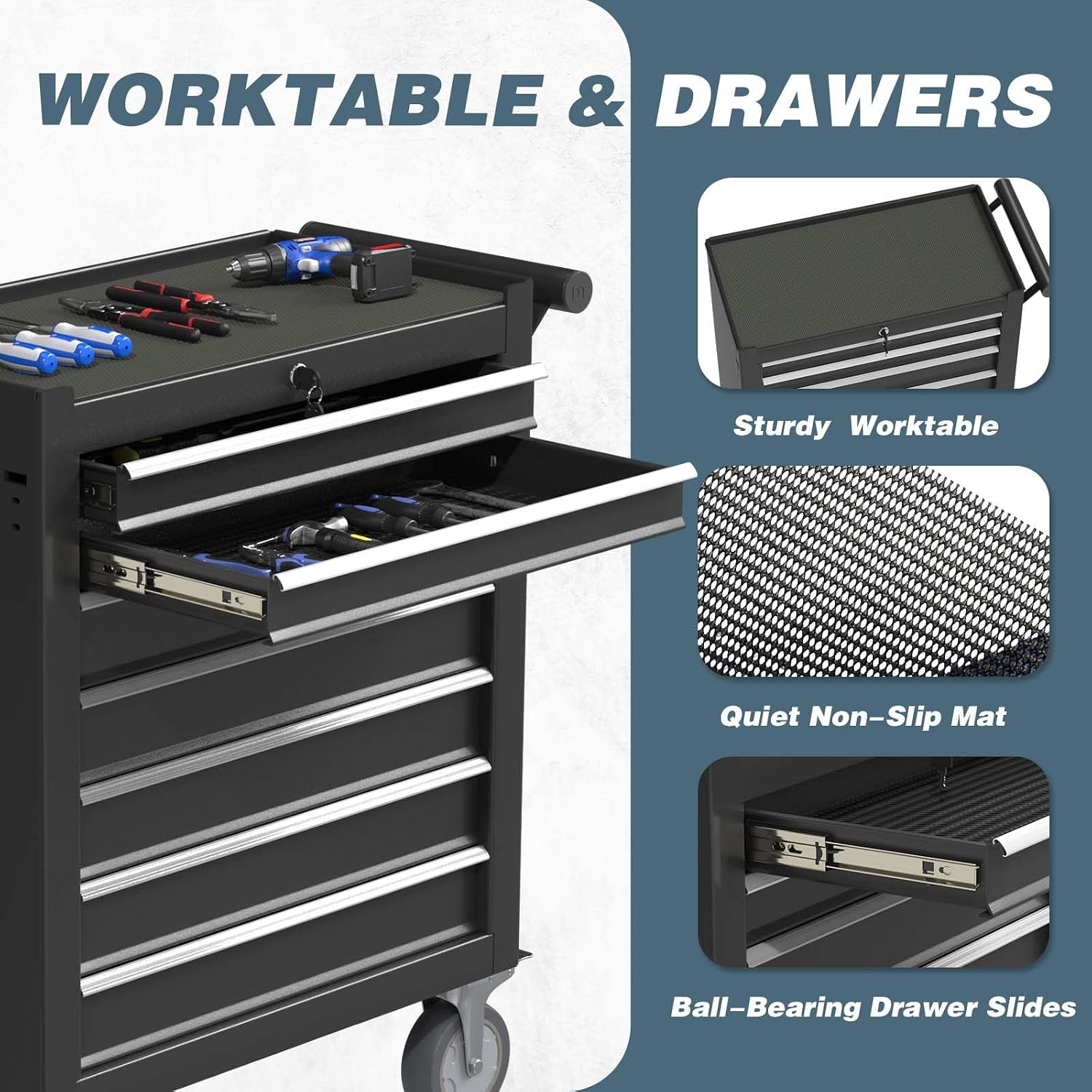 7-Drawer Tool Chest, Rolling Tool Box with Wheels, High Capacity Detachable Mobile Tool Storage Cabinet for Workshop, Garage, Mechanics and Repair Room (Black, 7-Drawer)