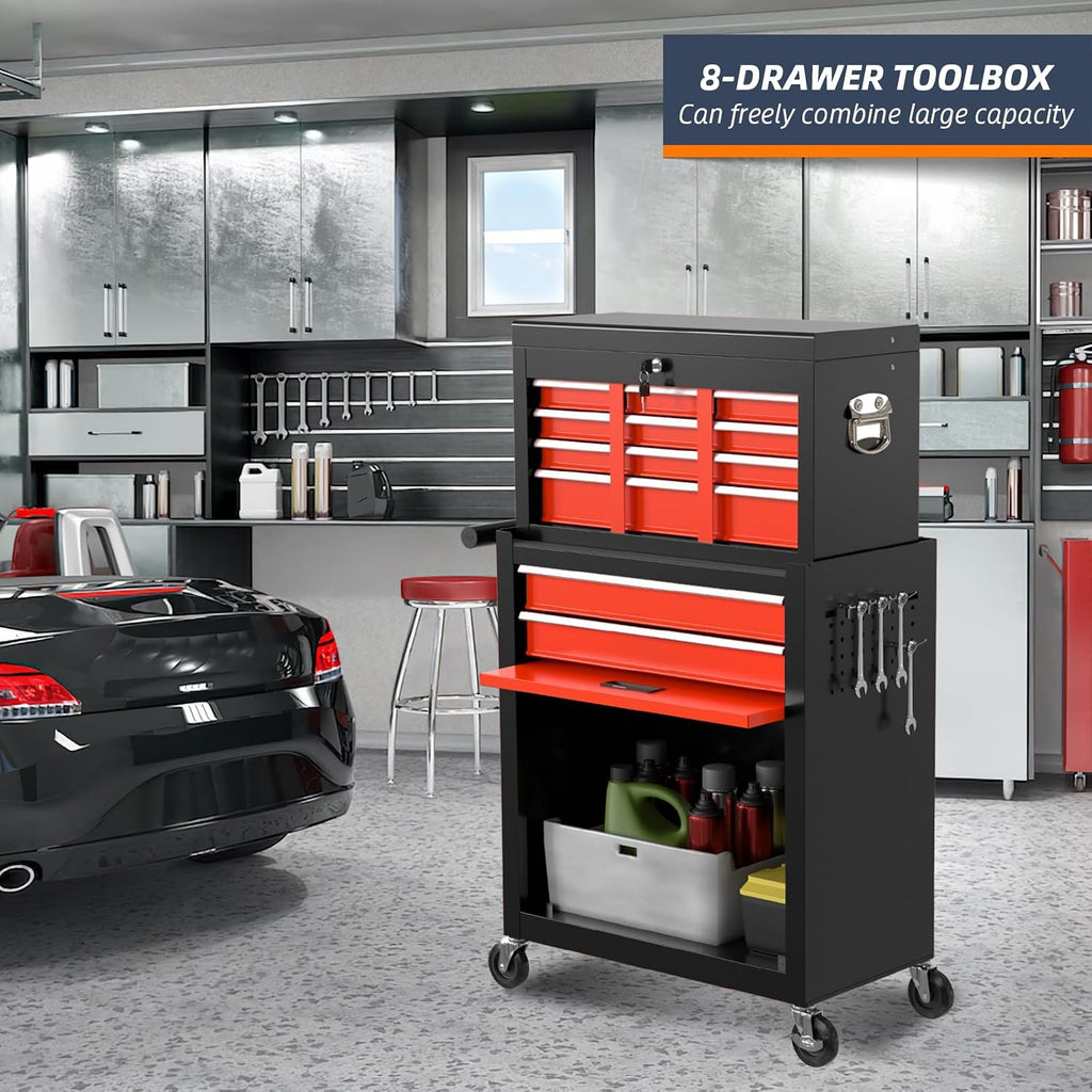 8-Drawer Rolling Tool Box, Lockable Rolling Tool Chest with Wheels and Drawers, 2 in 1 Large Capacity Storage Tool Cabinet for Warehouse, Garage, Tool Room and Repair Shop (Black&Red)