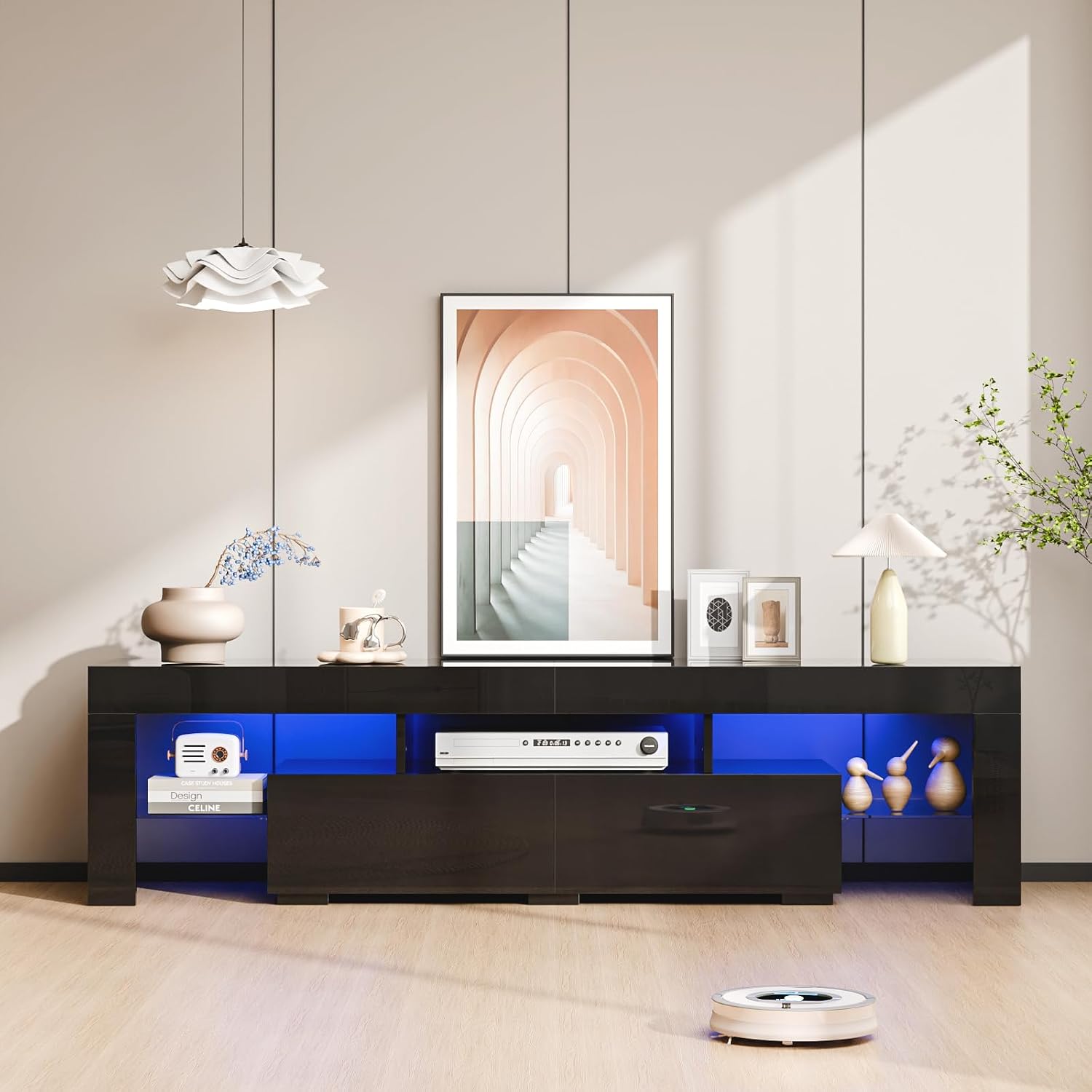 Bonnlo 63' LED TV Stand, Modern Black Entertainment Center with LED Lights and Storage for 55/60/65/70 Inch TVs, High Gloss Design for Living Room and Bedroom (Black, 63'' x 14'' x 18'')