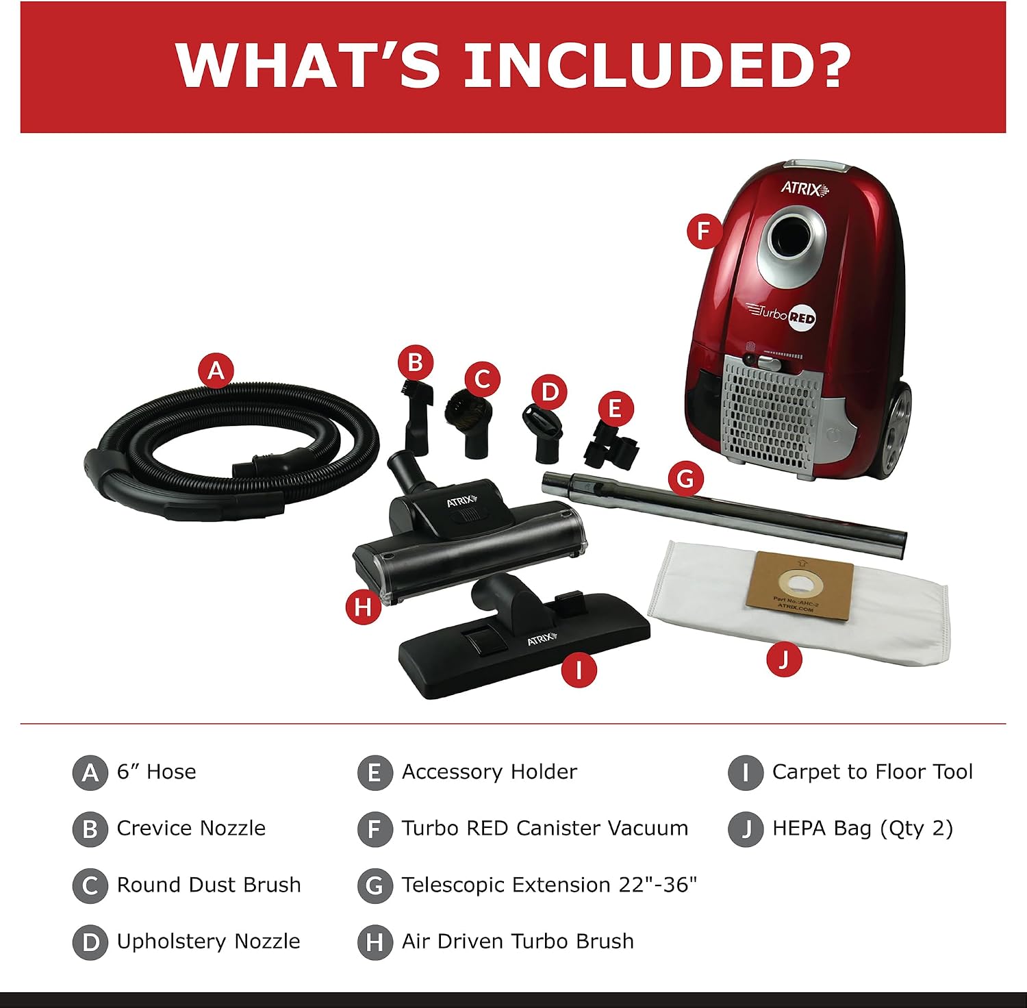 Atrix Turbo Red AHC-1 HEPA Canister Vacuum Cleaner – Powerful 1,400W Variable Speed Motor, Lightweight 6-Quart Bag Design, 3-Stage Filtration, Telescopic Wand, Full Bag Indicator & Accessory Kit