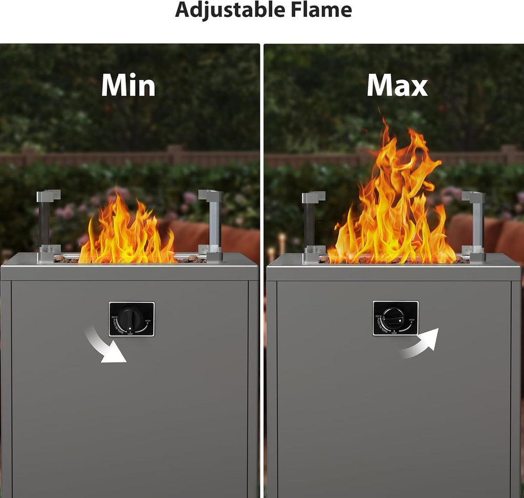 20' Square Smokeless Propane Fire Pit Table, 50,000 BTU Portable Outdoor Patio Heater with Lava Rocks, Glass Wind Guard & Cover for Deck, Backyard, Garden, Camping (Grey)