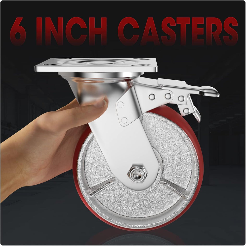 Casters Set of 4 Heavy Duty 6 inch Caster Wheels - ASRINIEY Locking Casters with No Noise Polyurethane on Steel Wheels, Swivel Plate Caster with Brake for Toolbox Workbench, 5000 lbs Total Capacity