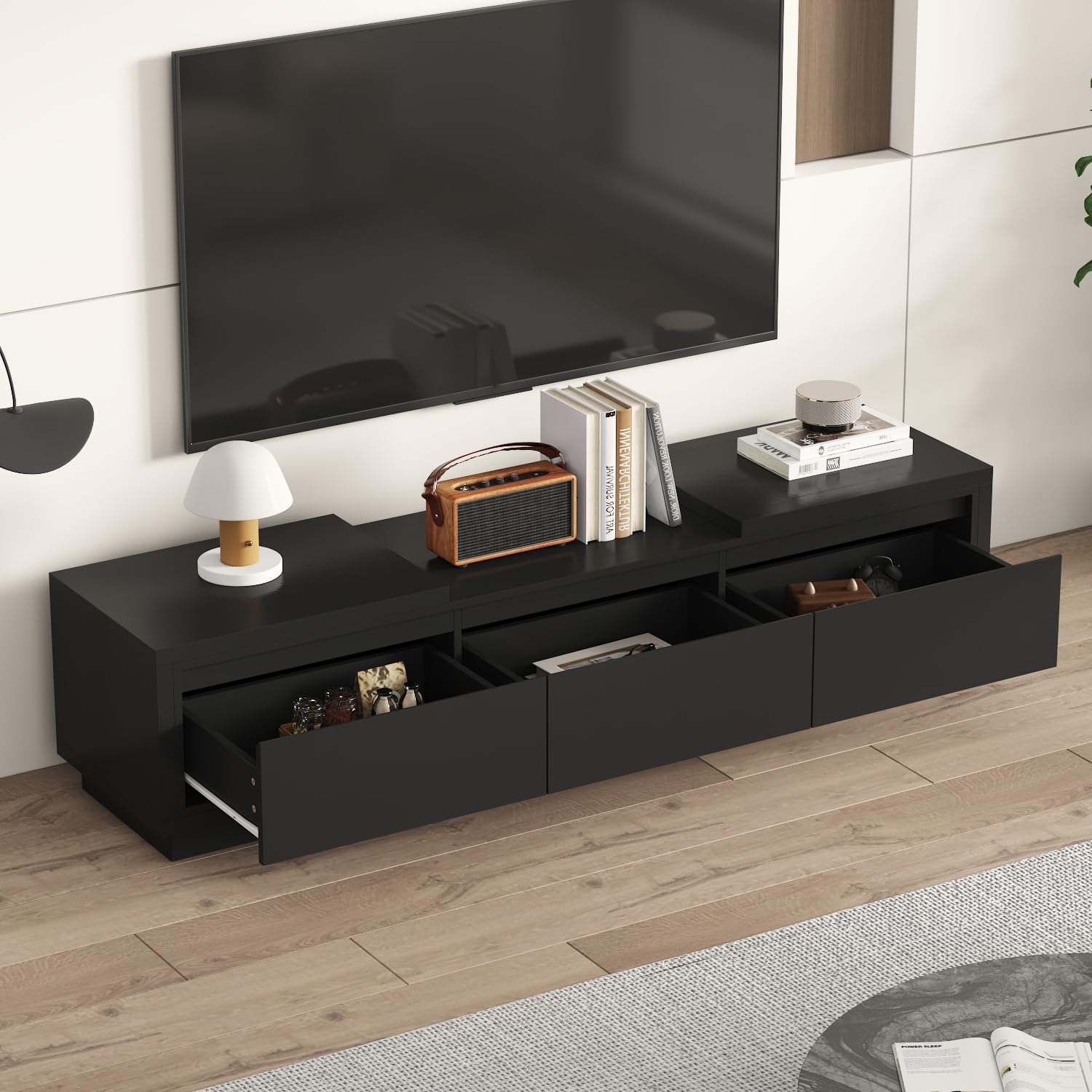 AIEGLE Deformable TV Console with 3 Drawers, Modern Extendable TV Stand in Stretch of 65'-106' Wide, Wood Media Gaming Entertainment Center, Black