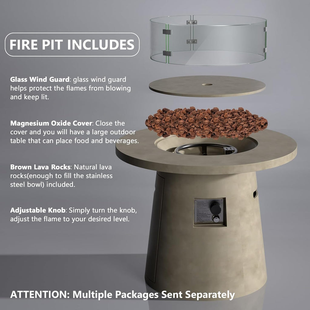 COSIEST 31.5-inch Round Fire Pit, Magnesium Oxide Outdoor Propane Fire Table, Certified, 40,000 BTU Stainless Steel Burner, Free Lava Rocks, Fits 20lb Tank Inside