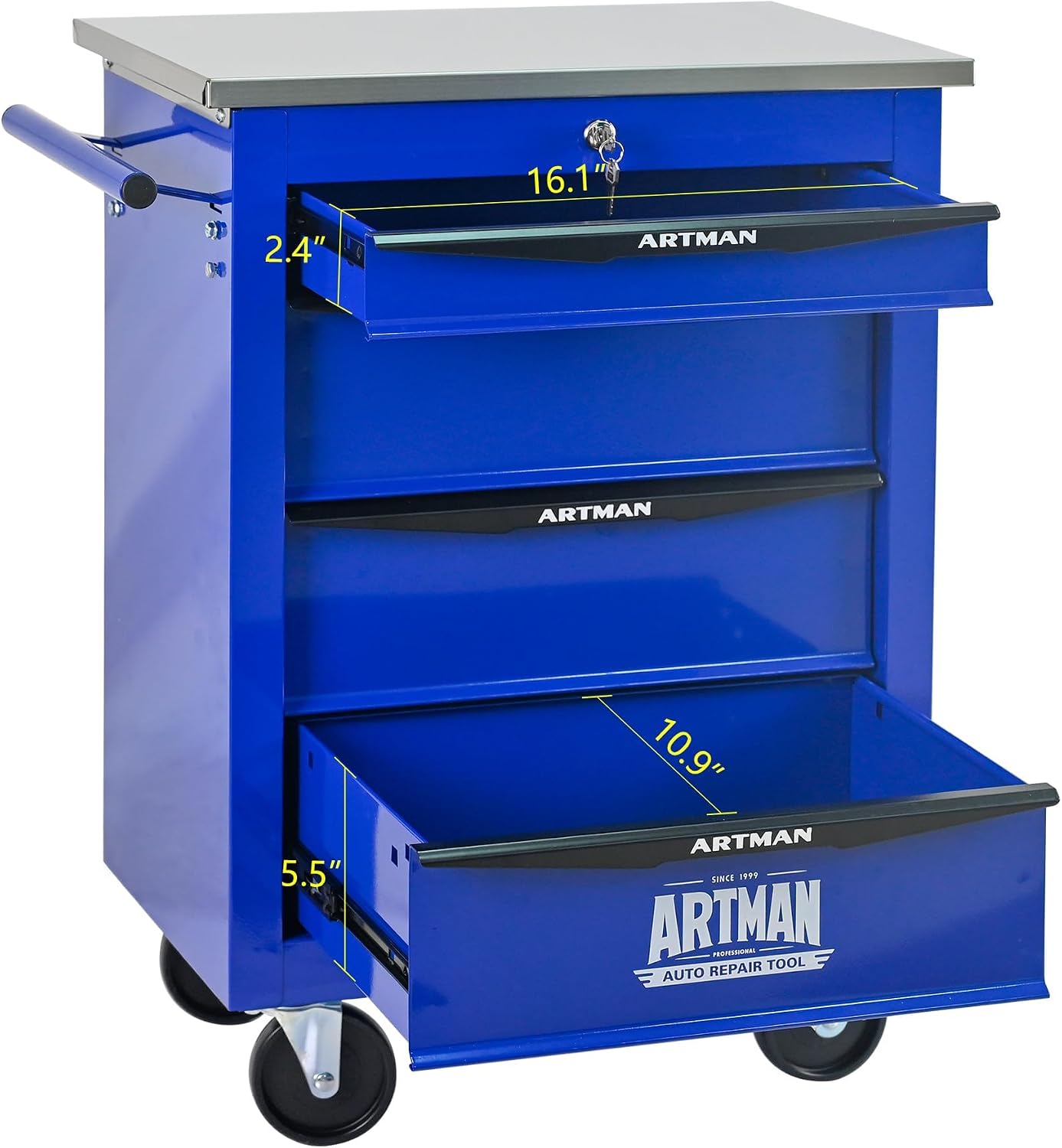 4-Drawer Heavy-Duty Rolling Tool Chest with Wheels & Steel Roof, Lockable Tool Chest Storage Cabinet for Garage, Workshop, Warehouse, and Repair Shop