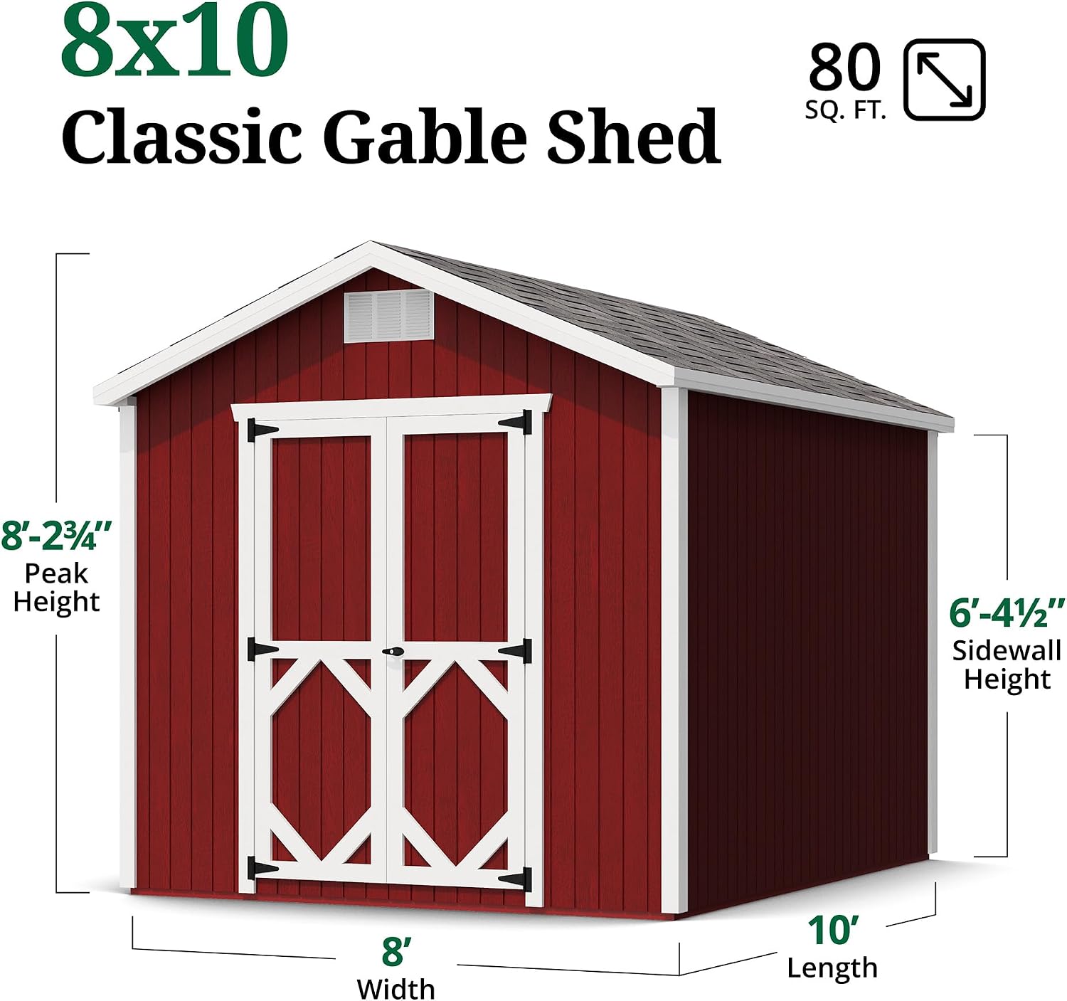 Little Cottage Co. 8x10 Classic Gable Shed with Floor, Outdoor Wood Storage Do-It-Yourself Precut Kit