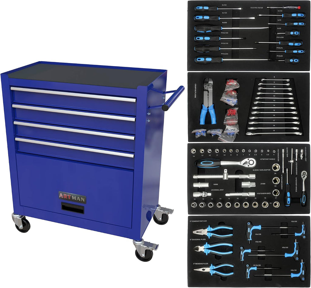 Campfun 238PCS Tool Set, 4 Drawers Rolling Tool Box with Tool Sets, Metal Tool Storage Cabinet for Home, Tool Cart Mechanics Kit Organizer for Garage Workshop Repair Shop, Blue