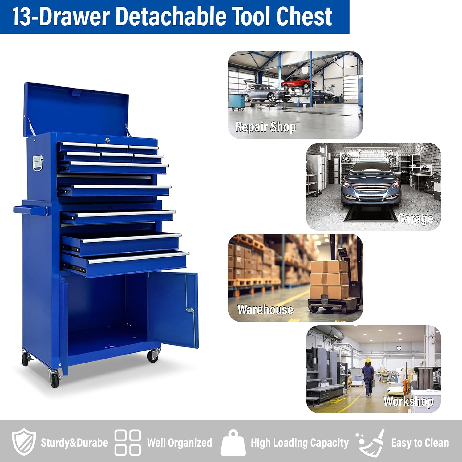 13 Drawers Tool Chest with Wheels, Rolling Tool Box with Drawers, Metal Tool Cabinet for Garage, Workshop(Blue)