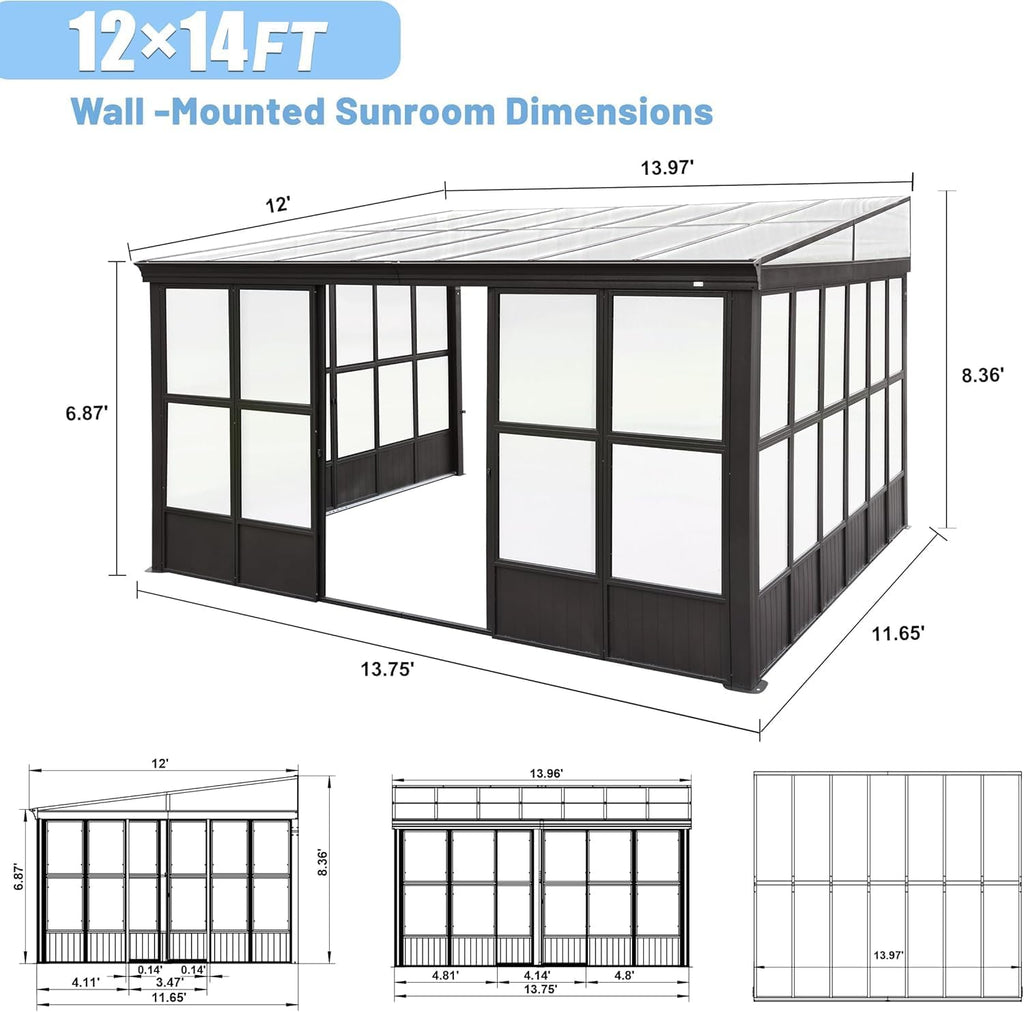 12x14FT Wall-Mounted Sunroom Solarium | Permanent Lean-to Gazebo w/Detachable Polycarbonate Windows & 2 Lockable Doors - Dark Brown Aluminum for Patio, Deck