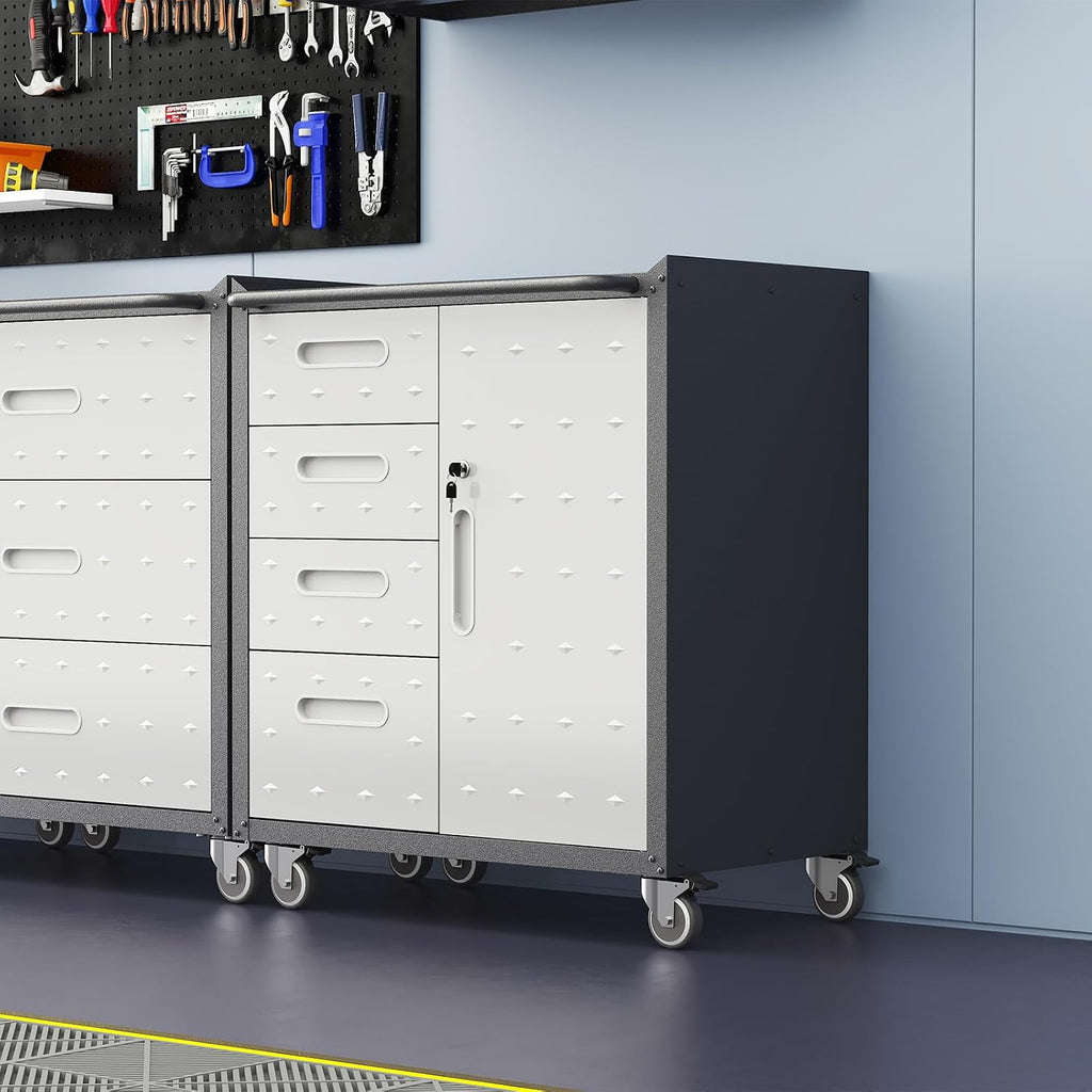4-Drawer Rolling Tool Chest, Metal Tool Storage Cabinet on Wheels, Heavy Duty Tool Cart with Lockable Door & Handle, Mobile Toolbox, Steel Locker for Garage, Home, Warehouse, Black & Grey