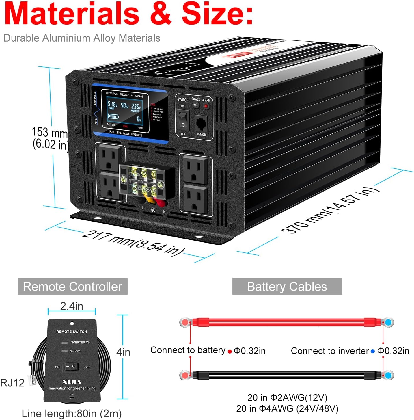 Xijia 3500W Pure Sine Wave Inverter 12V DC to 120V AC Converter for Off-Grid Solar System, Home Backup, RV, Truck – High Efficiency, Low Idle Power, Strong Load Capacity,Surge 7000W