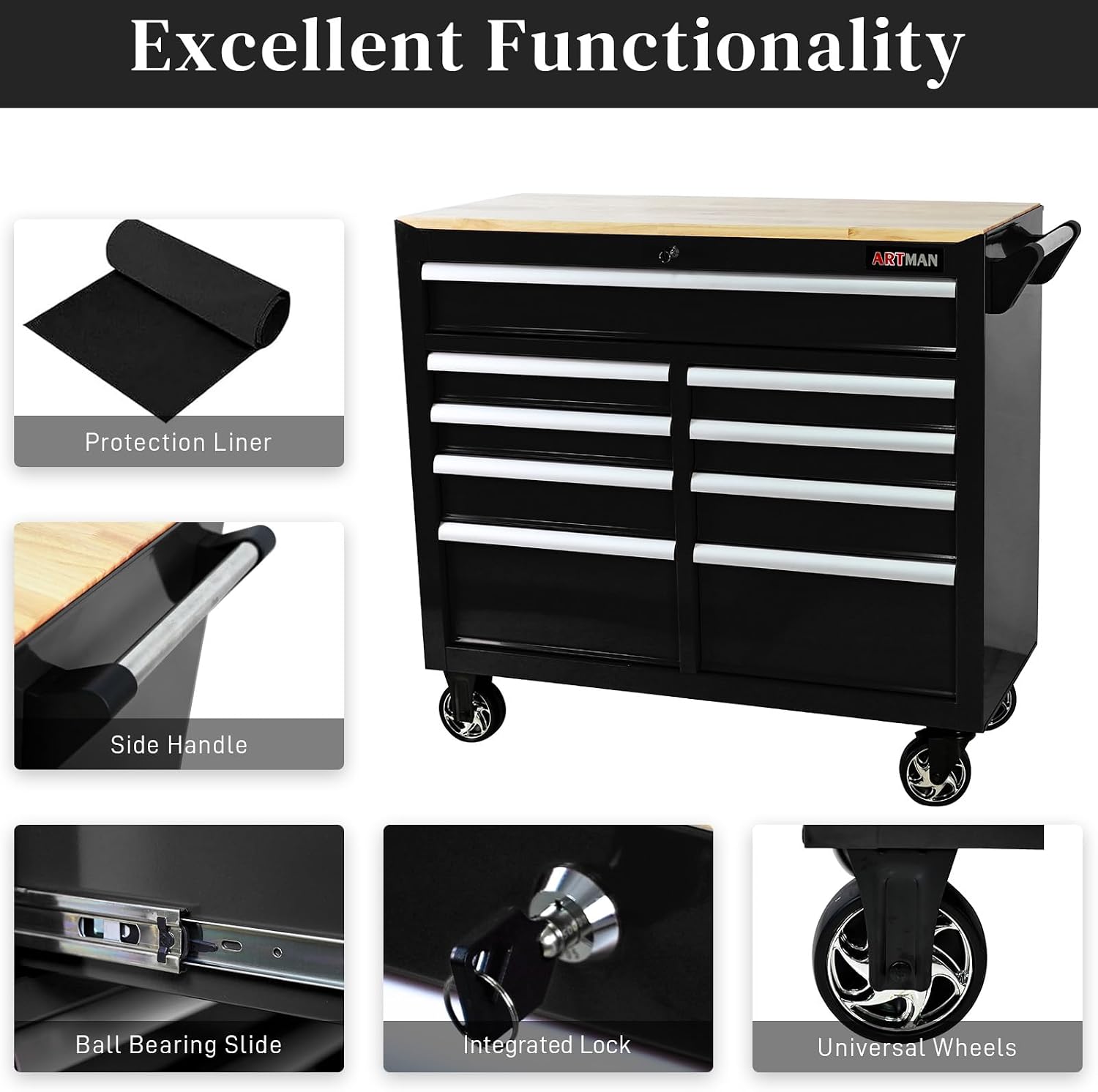 Rolling Tool Chest with Wheels, 9 Drawer Metal Tool Cabinet, Large Tool Cart for Garage, Warehouse, Workshop, Repair Shop, Black
