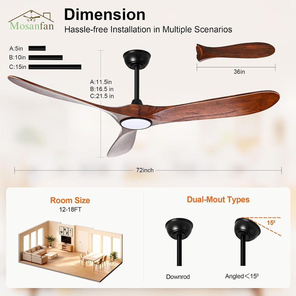 72 Inch Ceiling Fans with Lights and Remote, Wood Outdoor Ceiling Fan with 6 Speed Noiseless DC Motor, Indoor Modern 3 Blade Propeller Ceiling Fan for Bedroom Living Room Gazebo Patio(Walnut)
