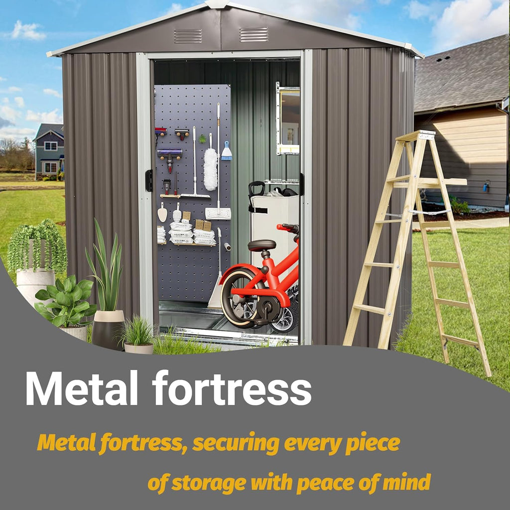 Shed with Windows,Large Metal Outdoor Storage Shed, Lockable Tool Storage shed, Steel Garden shed, Suitable for Backyard, Terrace, and Poolside (Grey, 8FTx4FT)