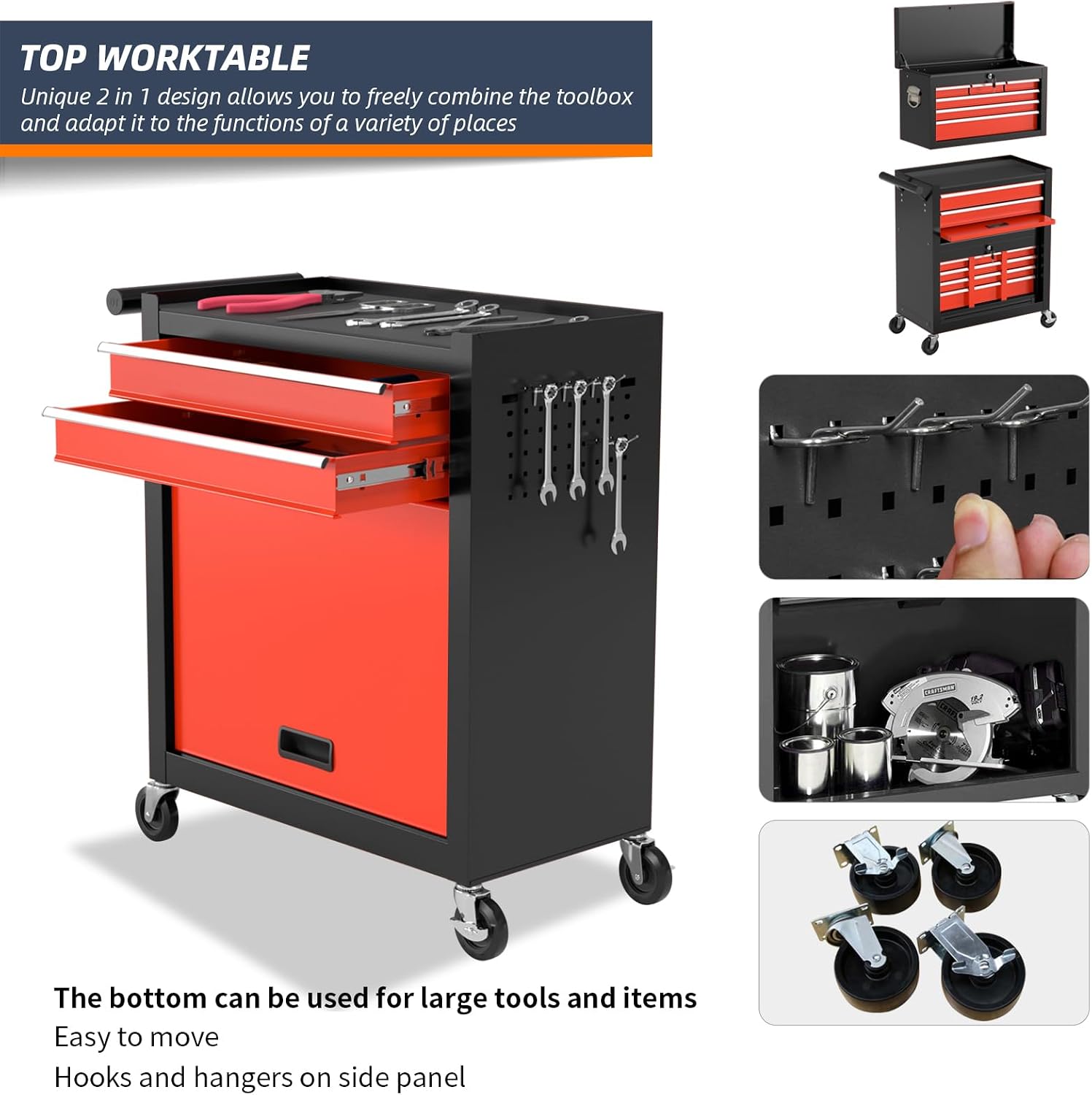 8-Drawer Rolling Tool Box, Lockable Rolling Tool Chest with Wheels and Drawers, 2 in 1 Large Capacity Storage Tool Cabinet for Warehouse, Garage, Tool Room and Repair Shop (Black&Red)