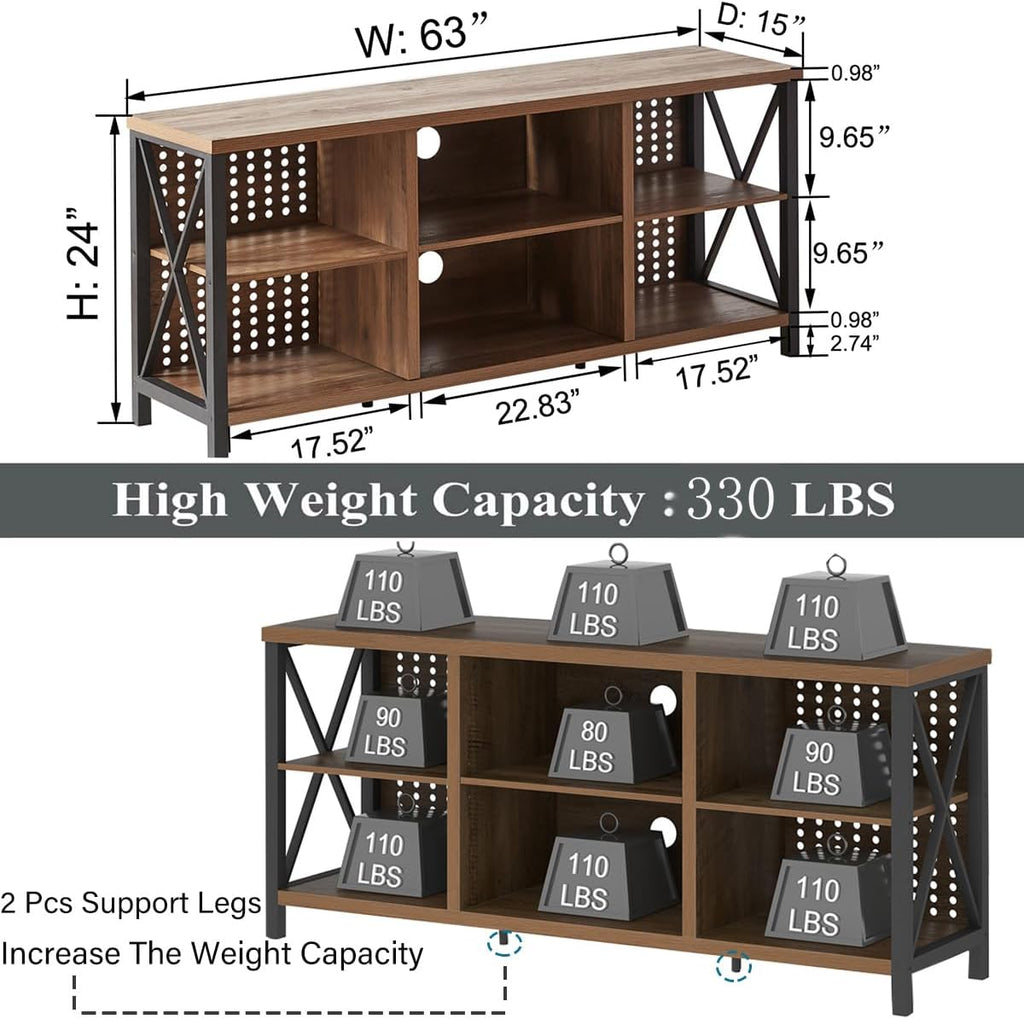LVB TV Stand for 75 Inch TV, Large Industrial Rustic Entertainment Center with Storage Shelves, Long Modern Wood Metal Television Stand with TV Table Cabinet for Home Living Bedroom, Rustic Oak, 63 In