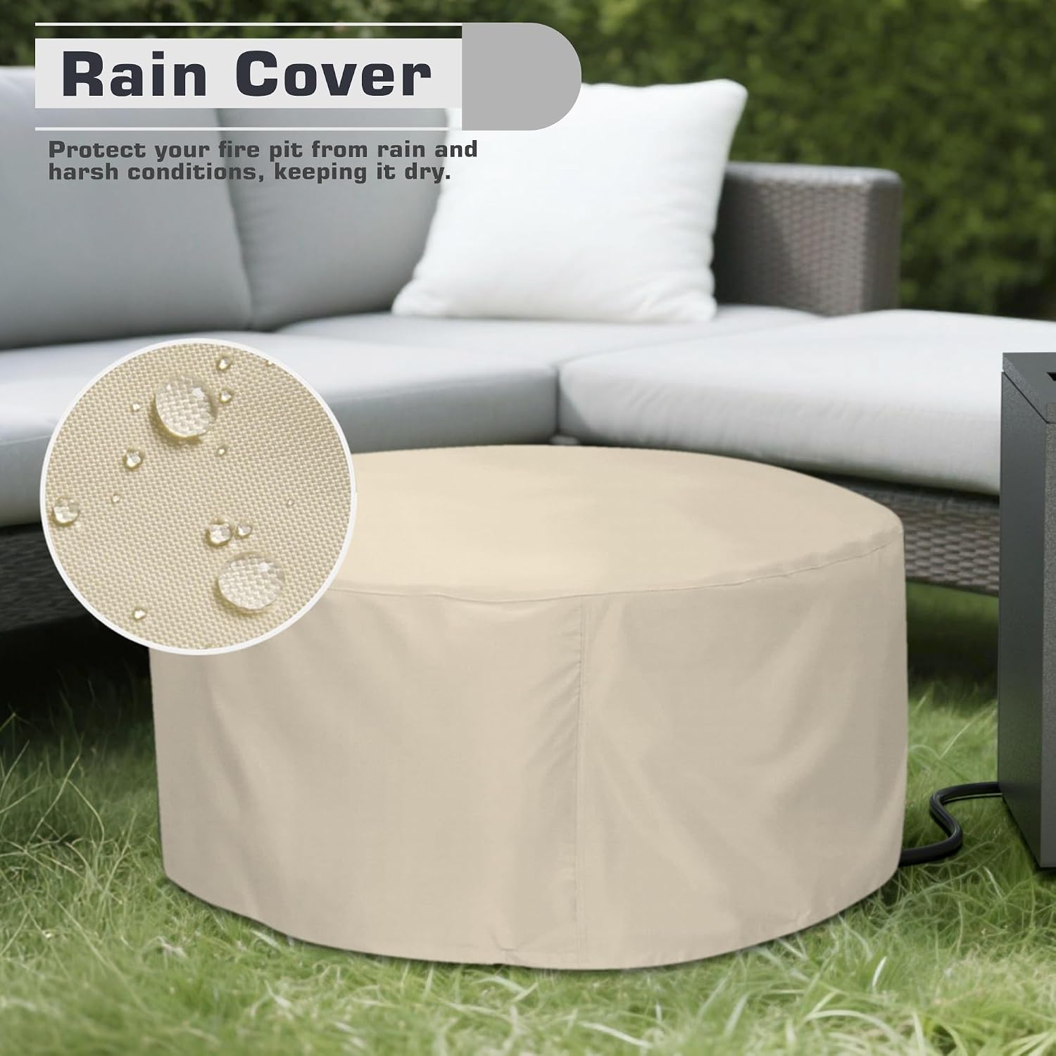 2-Piece 30' LED Round Propane Fire Pit for Outside Patio with Hidden Tank Table, 50,000 BTU Fireplaces with Lid, Glass Rocks, Cover(Dark Grey w/Golden Light)