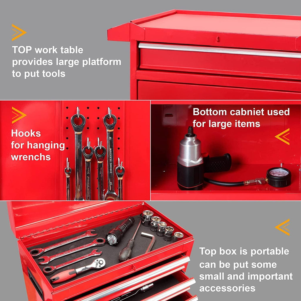 Road DAWG ATBT1204D-Red Torin Rolling Garage Workshop Tool Organizer: Detachable 4 Drawer Tool Chest with Large Storage Cabinet and Adjustable Shelf, Red