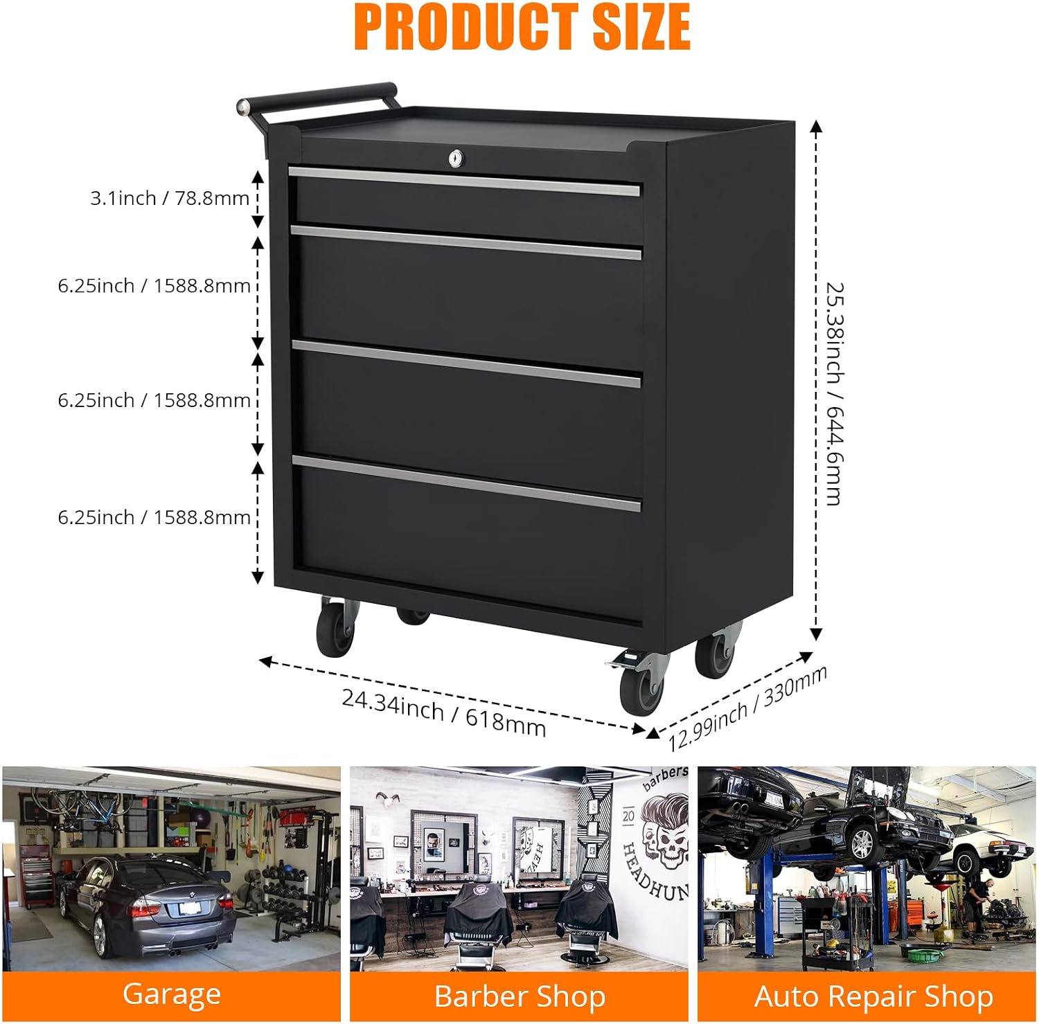 4-Drawer Rolling Tool Chest on Wheels, 24 Inch Compartment Tool Box with Drawers & Lock, Metal Tool Cart Storage Cabinet for Garage, Warehouse, Workshop, Repair Shop