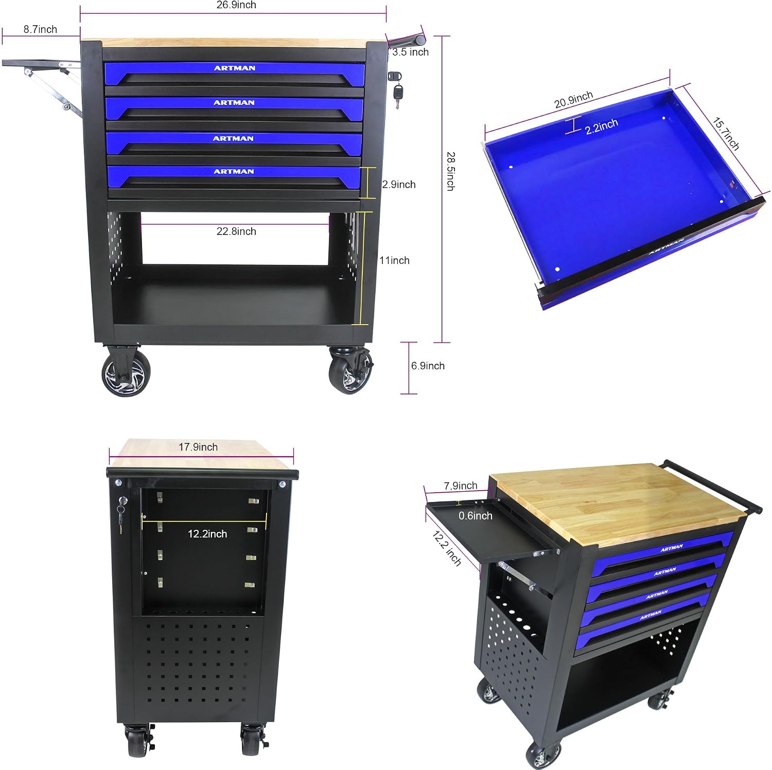 JOYBASE Rolling Tool Chest with 4 Drawers & Wood Top, Heavy Duty Steel Tool Cart on Wheels, Mobile Garage Organizer & Storage Cabinet for Workshop & Mechanic (Black & Blue)