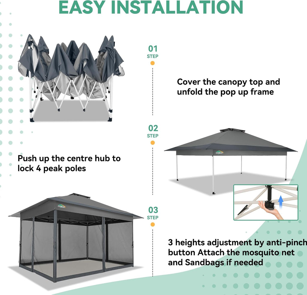 COBIZI 12x12 FT Pop up Gazebo on Clearance Outdoor pop up Canopy Tent,carpas para Patio, Shelter Tents with Netting & Portable Carry Bag, Patio Gazebos for Camping, Garden & Lawn, Darkgrey(Upgraded)
