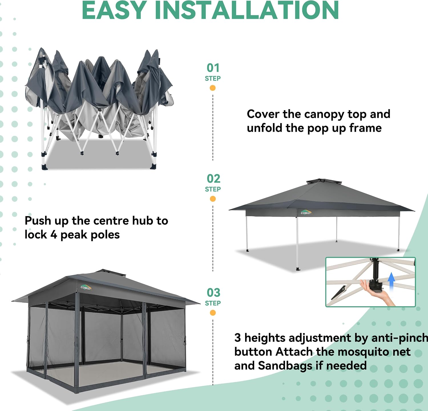 COBIZI 12x12 FT Pop up Gazebo on Clearance Outdoor pop up Canopy Tent,carpas para Patio, Shelter Tents with Netting & Portable Carry Bag, Patio Gazebos for Camping, Garden & Lawn, Darkgrey(Upgraded)