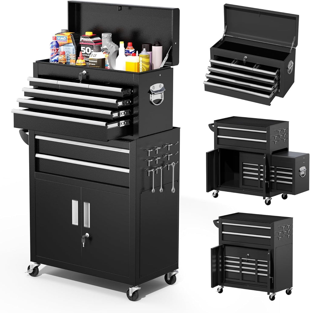 Greenvelly Metal Tool Chest,8-Drawer Rolling Tool Cart with Wheels,2 in 1 Detachable Tool Cabinets,Tool Box,Liners and Locking System for Garage,Warehouse,Workshop, Barbershop(Black)