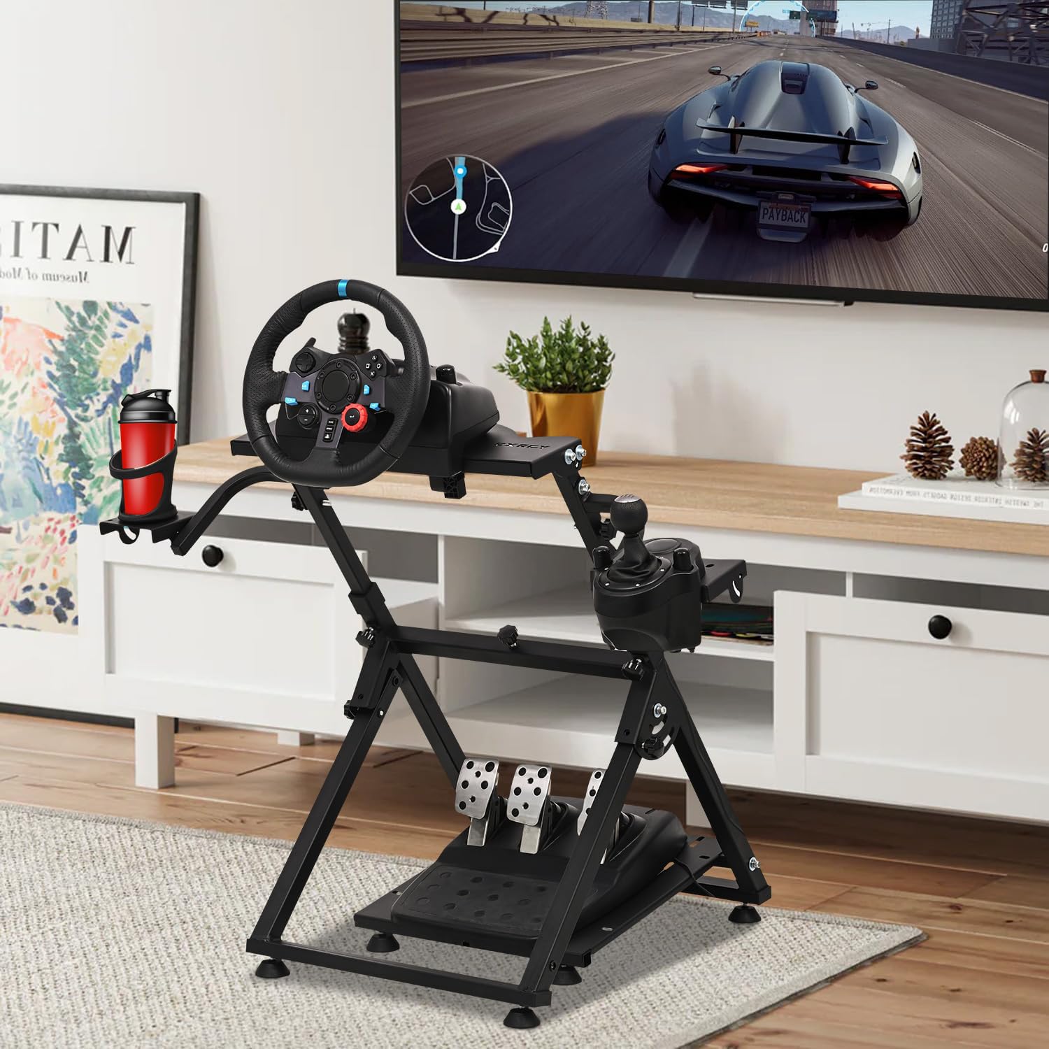 CXRCY Racing Wheel Stand with Cup Holder Height Adjustable & Foldable Steering Wheel Stand Compatible with Logitech G920 G29 G27 G25 Gaming Cockpit (Wheel and Pedals Not Included)
