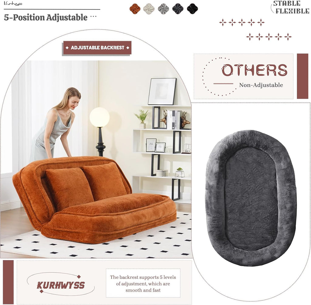 Extra Large Human Dog Bed for Adult & Pets, Convertible Floor Sofa Bed with 5 Adjustable Position, Lazy Couch Giant Bean Bag Lounge Chair Comfy Tatami with 3 Pillows for Bedroom Living Room (Orange)