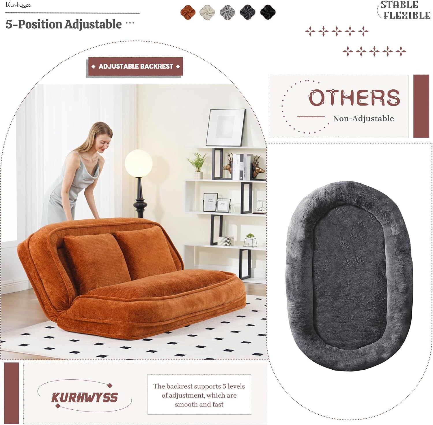 Extra Large Human Dog Bed for Adult & Pets, Convertible Floor Sofa Bed with 5 Adjustable Position, Lazy Couch Giant Bean Bag Lounge Chair Comfy Tatami with 3 Pillows for Bedroom Living Room (Orange)