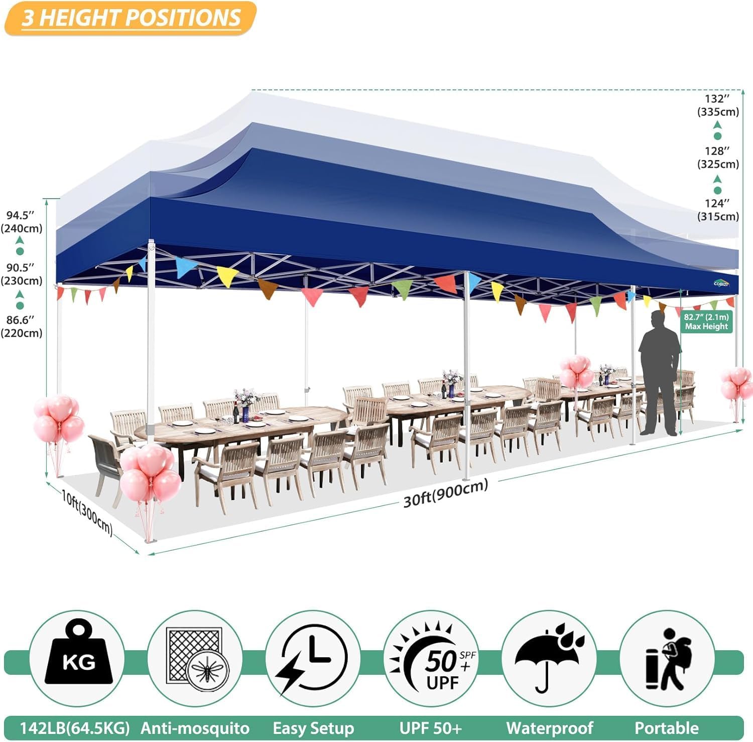 COBIZI 10x30 Pop Up Canopy with Sidewalls, Heavy Duty Canopy with Mosquito Netting, Easy up Screen Party Tents for Parties Backyard Outdoor Commercial Event Gazebo with Roller Bag, Sandbags, Deep Blue