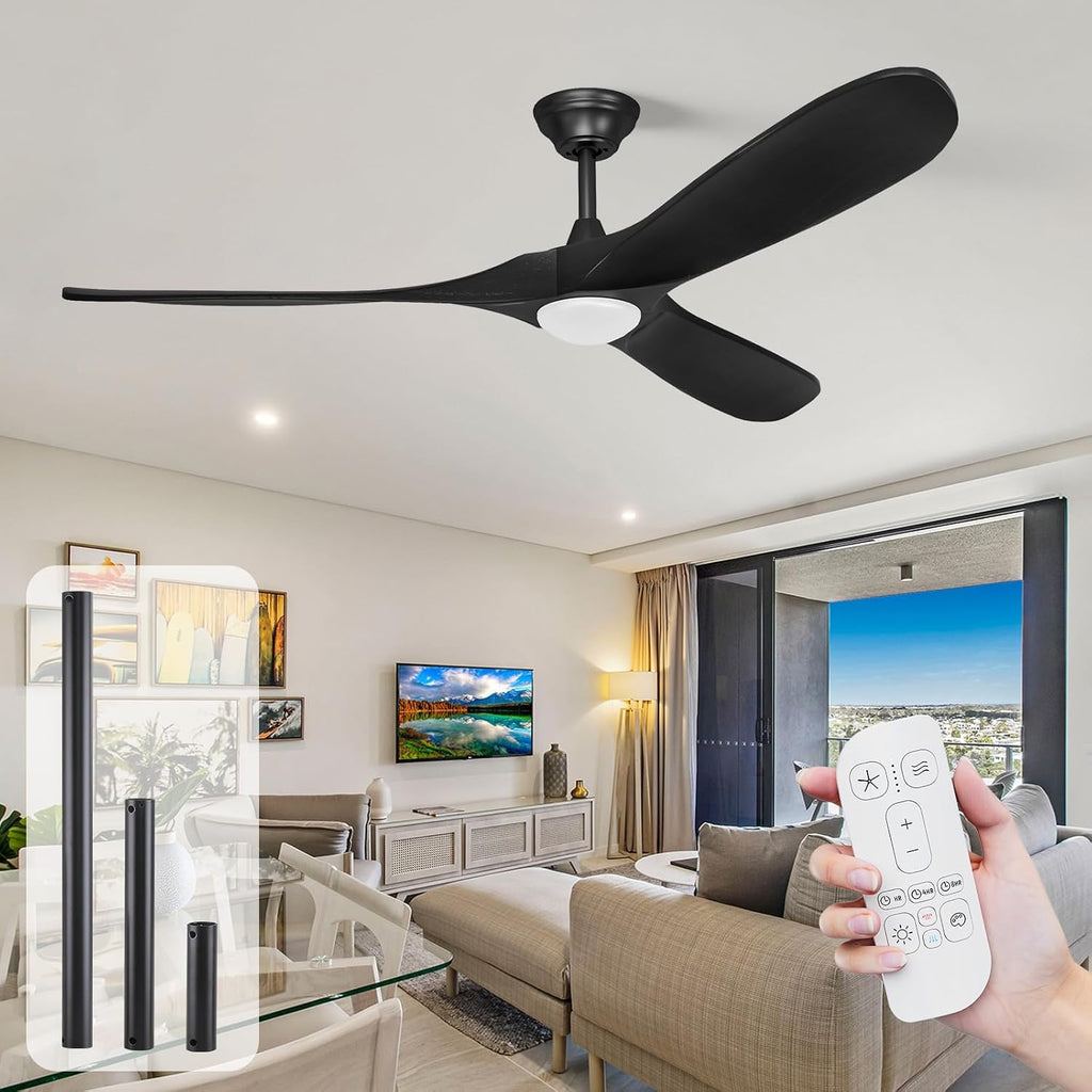 70 Inch Farmhouse Black Ceiling Fan with Light and Remote, Damp Rated Outdoor Indoor, 3 Wood Blade, Dimmable LED with Adjustable Light, 6-Speed Quiet Reversible DC Motor, for Patio Living Room Bedroom