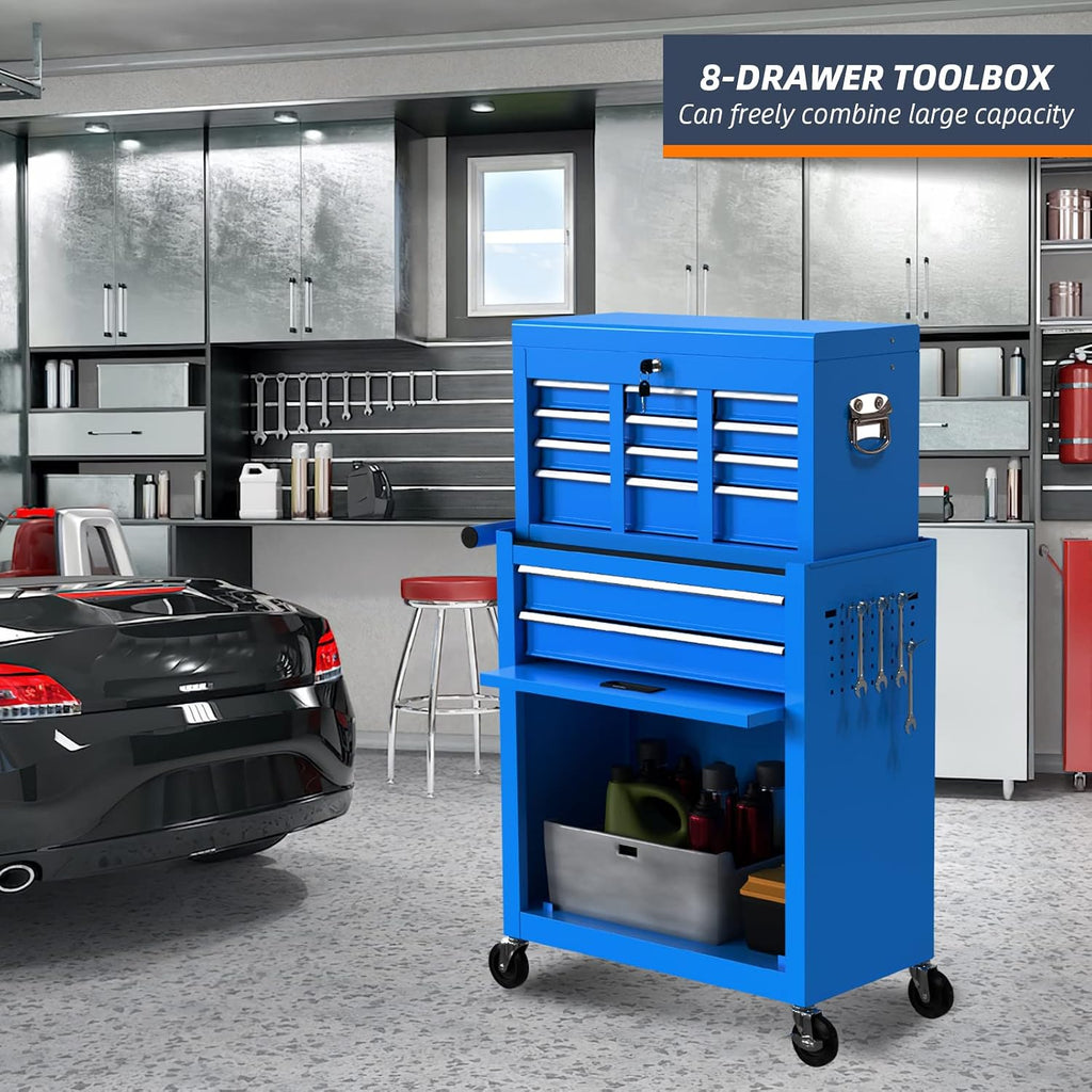 8-Drawer Rolling Tool Box, Lockable Rolling Tool Chest with Wheels and Drawers, 2 in 1 Large Capacity Storage Tool Cabinet for Warehouse, Garage, Tool Room and Repair Shop (Blue)
