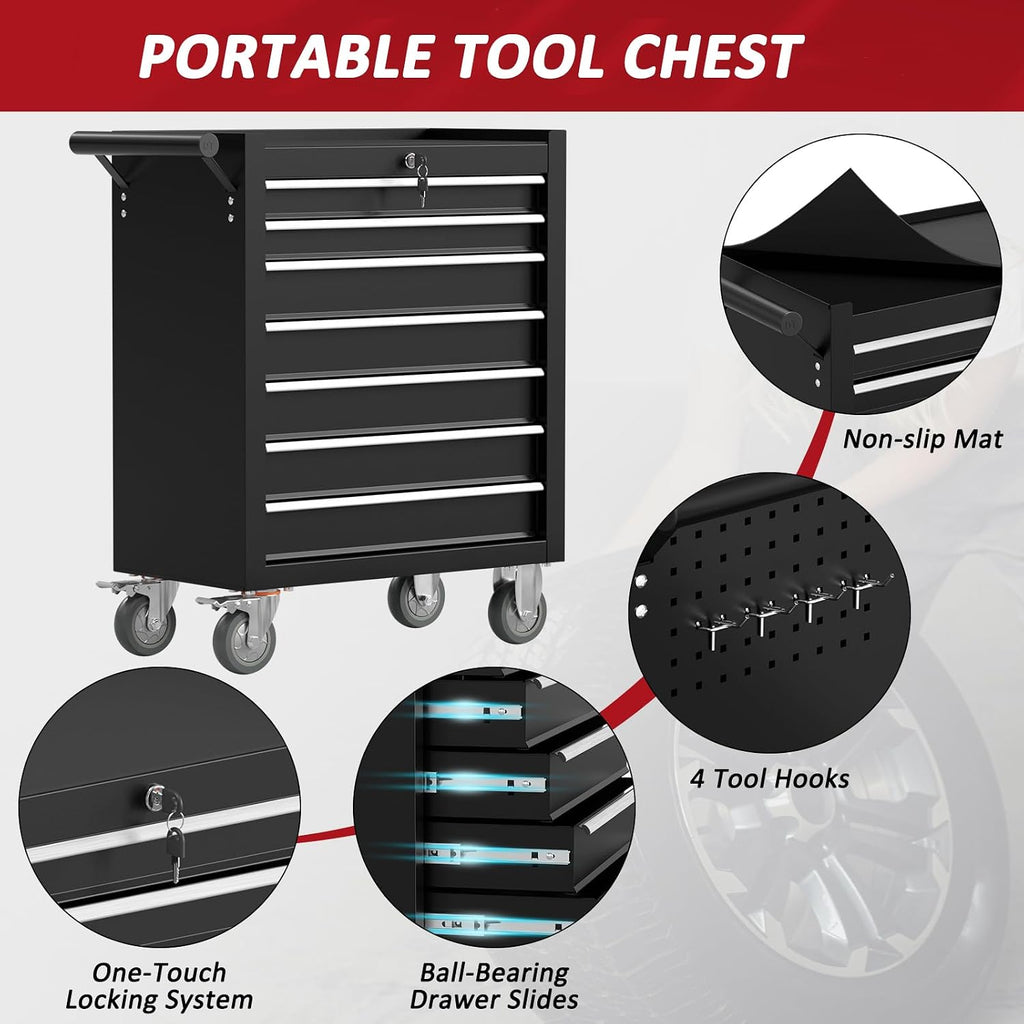 7 Drawers Rolling Tool Chest with Wheels, Rolling Tool Chest with Drawers, Portable Rolling Tool Boxes with Wheels, Tool Box Storage Cabinet with Locking System for Garage (Black, 7 Drawers)