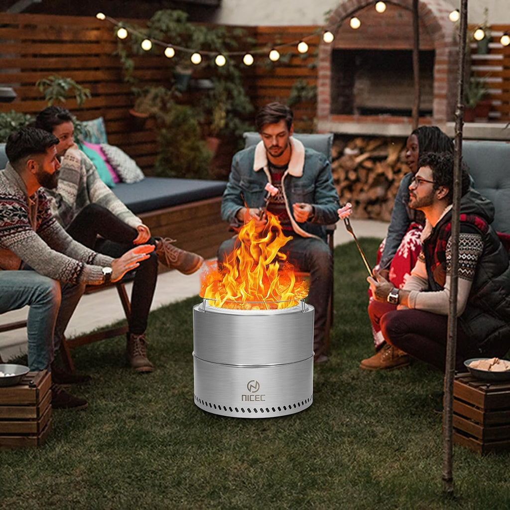 Nice C Fire Pits, 19.1 Inch Smokeless Fire Pits, Portable Fire Pit, Outdoor Fire Pit, Tabletop Fire Pit, Wood Buring Fireplaces, Stainless Steel, with Grill Grate, Removable Ash Tray & Carry Bag