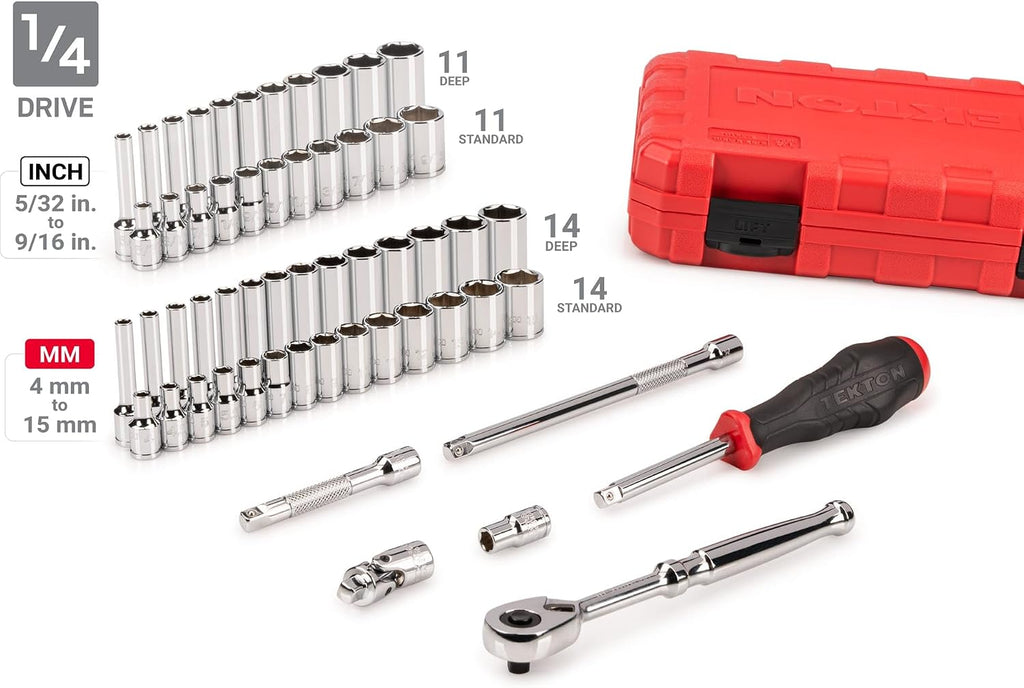 TEKTON 1/4, 3/8, 1/2 Inch Drive Shallow and Deep 6-Point Socket and Ratchet Set with Cases, 212-Piece (5/32-1-5/16 in., 4-32 mm) | SKT95304