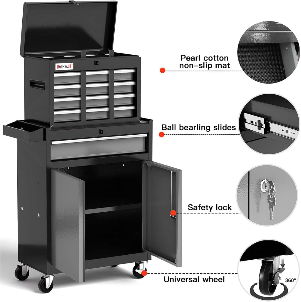 Tool Chest 7-Drawer | 40'' H Rolling Tool Chest with Wheels | Detachable Top Metal Tool Box | Garage Storage Cabinet for Repair Room,Warehouse | Rolling Tool Box with Hooks,Liners,Tray Divider | Black