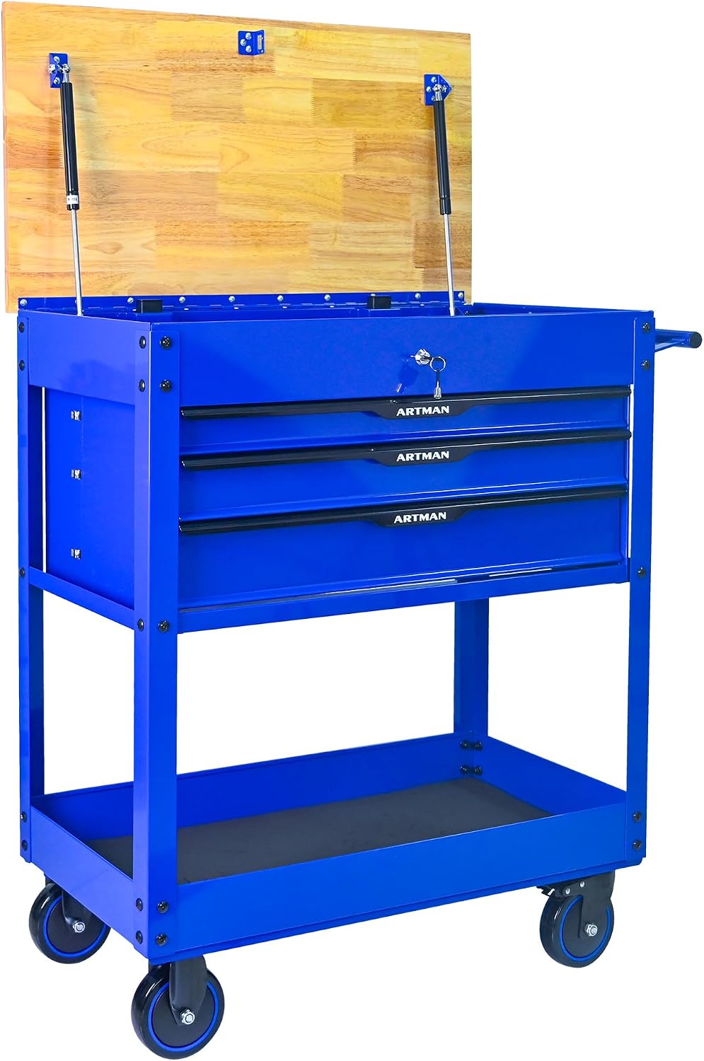 3 Drawers Tool Cart on Wheels,Tool Storage Box with Wooden Top,Drawers Rolling Tool Box Organizer Tool Case for Garage,Warehouse,Workshop,Repair Shop (3 Drawers-38.5' H-Blue&Black)