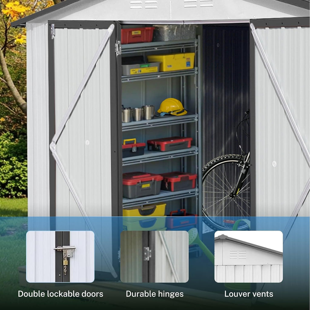 LINKHOO 10'x12' Metal Garden Shed, Outdoor Storage, White & Grey