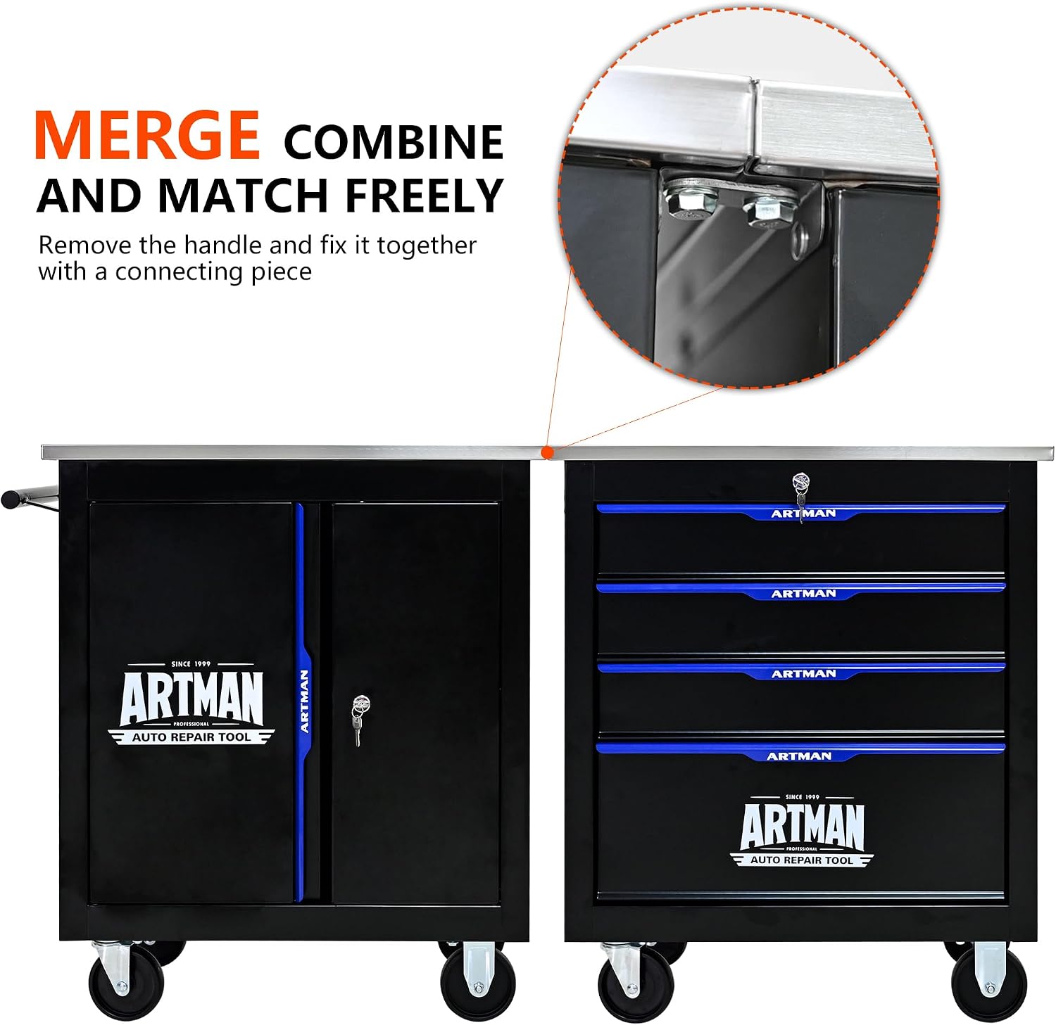 2 Doors Rolling Tool Box on Wheels, Stainless Steel Countertop Multifunctional Tool Chest Cabinet with Lock, Drawers Rolling Tool Cart Trolley Organizer Tool Storage Case for Garage,Warehouse