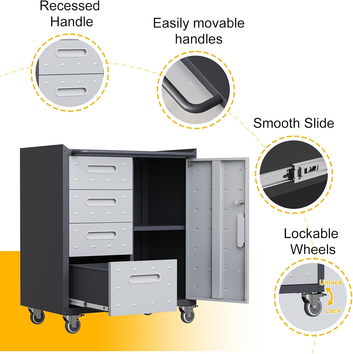 4-Drawer Rolling Tool Chest, Metal Tool Storage Cabinet on Wheels, Heavy Duty Tool Cart with Lockable Door & Handle, Mobile Toolbox, Steel Locker for Garage, Home, Warehouse, Black & Grey