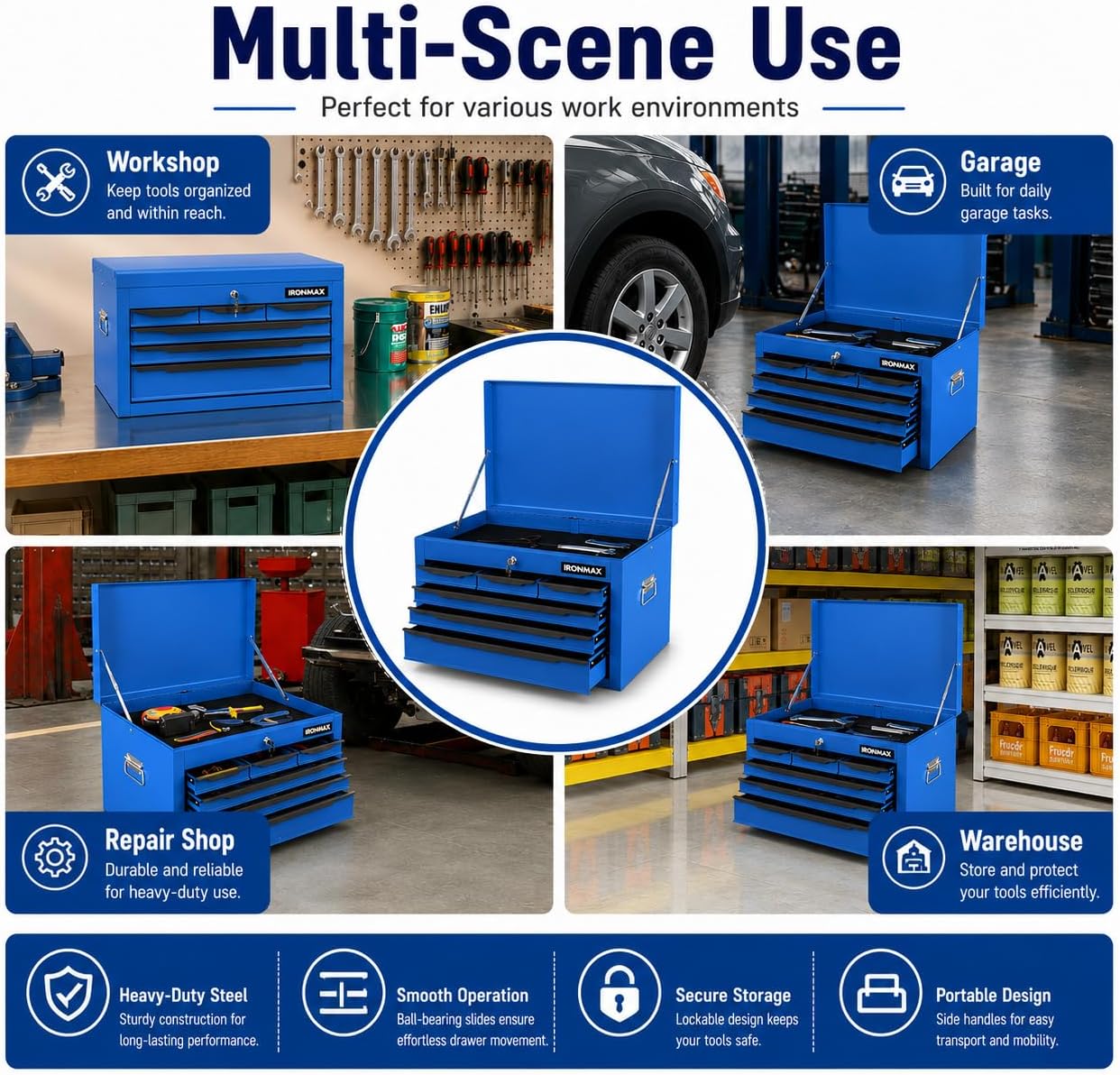 ARNOT Large Metal Tool Box, Tool Box with 6 Drawers & Top Tray, Heavy-Duty Steel Tool Chest with Auto-Locking Drawers and Side Handles for Garage & Workbench (Blue)