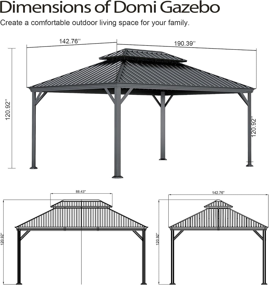 Domi 12x16FT Outdoor Gazebo, Hardtop Gazebo with Galvanized Steel Double Roof, Metal Gazebos with Drainage System Patio Pergola for Patio Deck Backyard,Curtain and Netting,Gray