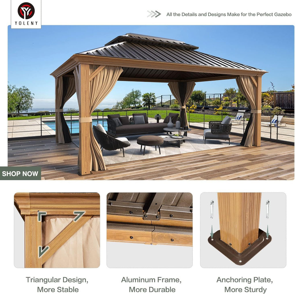 YOLENY 12'x16' Hardtop Gazebo, Wood Grain Aluminum Frame Outdoor Gazebo with Double Galvanized Steel Roof, Permanent Metal Pavilion with Curtains and Nettings for Patio, Backyard, Deck and Lawns