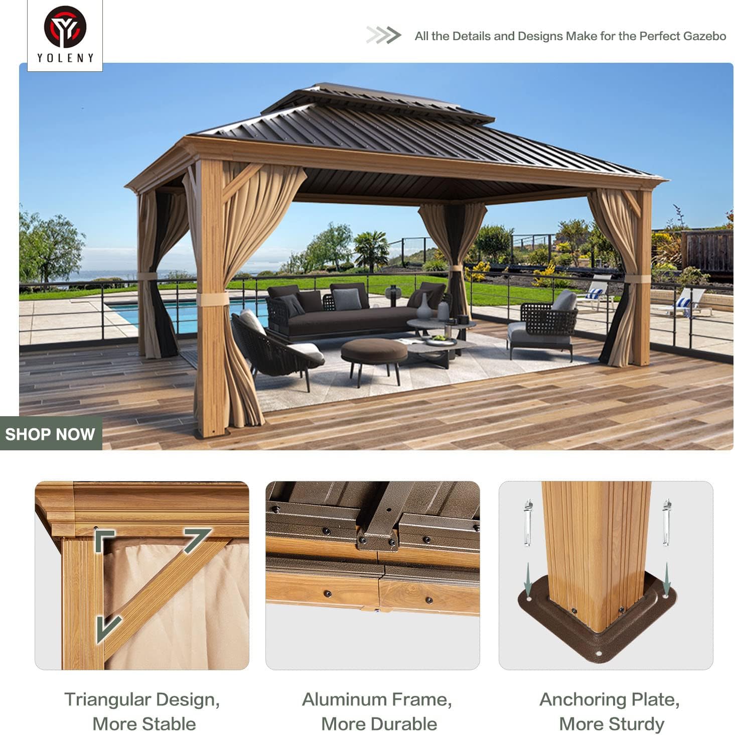 YOLENY 12'x16' Hardtop Gazebo, Wood Grain Aluminum Frame Outdoor Gazebo with Double Galvanized Steel Roof, Permanent Metal Pavilion with Curtains and Nettings for Patio, Backyard, Deck and Lawns
